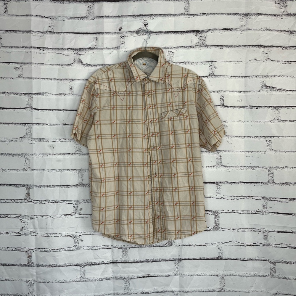 Split Women’s Checkered Button Down Shirt Plaid Short Sleeve Tan Red Casual L
